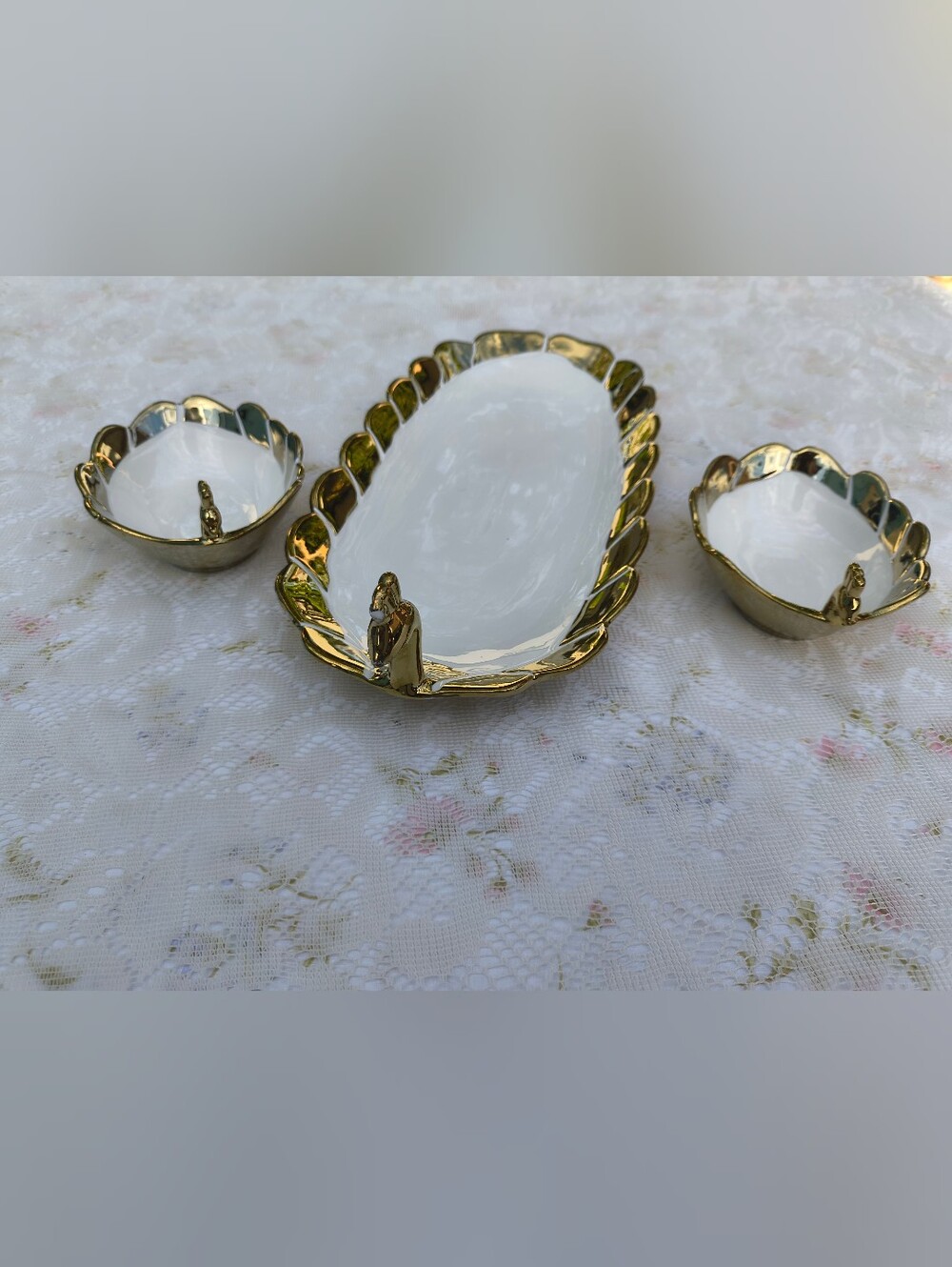 Set of 3 Ceramic White Gold Peacock Decorative Platters Trays